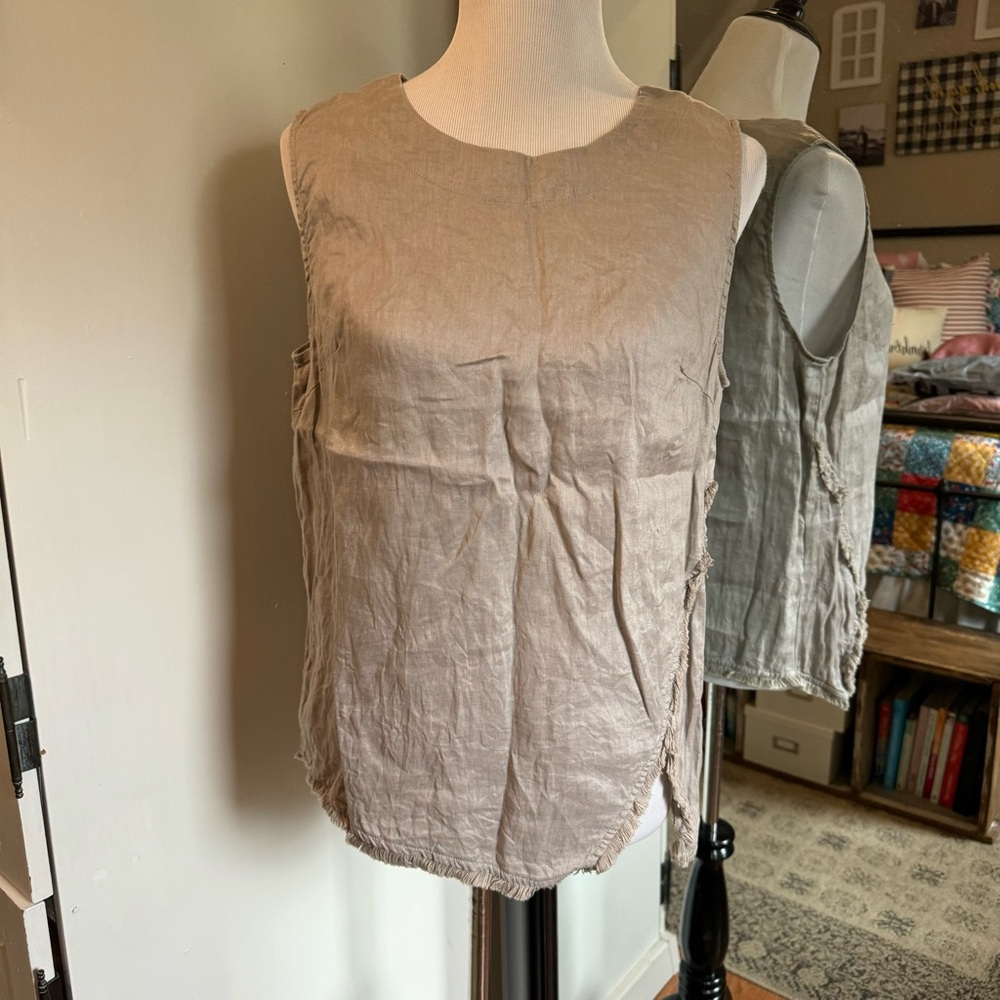 DKNY 100% Linen Medium Gray Grey Beige Sleeveless Tank Top